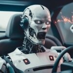 Angry AI bot behind a driving wheel