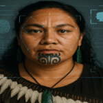 Māori women with a moko kauae and FRT symbols in the background.