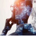 The image depicts a conceptual representation of Artificial Intelligence (AI) or data analysis, showing a person interacting with holographic data visualizations.