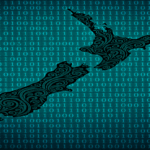 Ai generated image. Prompt create an image of Aotearoa new Zealand using binary code and Māori art"
