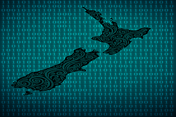 Ai generated image. Prompt create an image of Aotearoa new Zealand using binary code and Māori art"