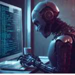 Robot at a computer monitor in a dark room.