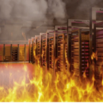 Fire in server room. Internet equipment destroyed by flame. Fire and smoke in building with servers. Burning data center. Server room destroyed by fire. Burning telecommunications equipment. 3d image